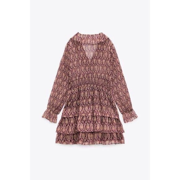 Zara Ruffled Printed Metallic Long Sleeve Mini Dress, Size Small - Picture 8 of 15